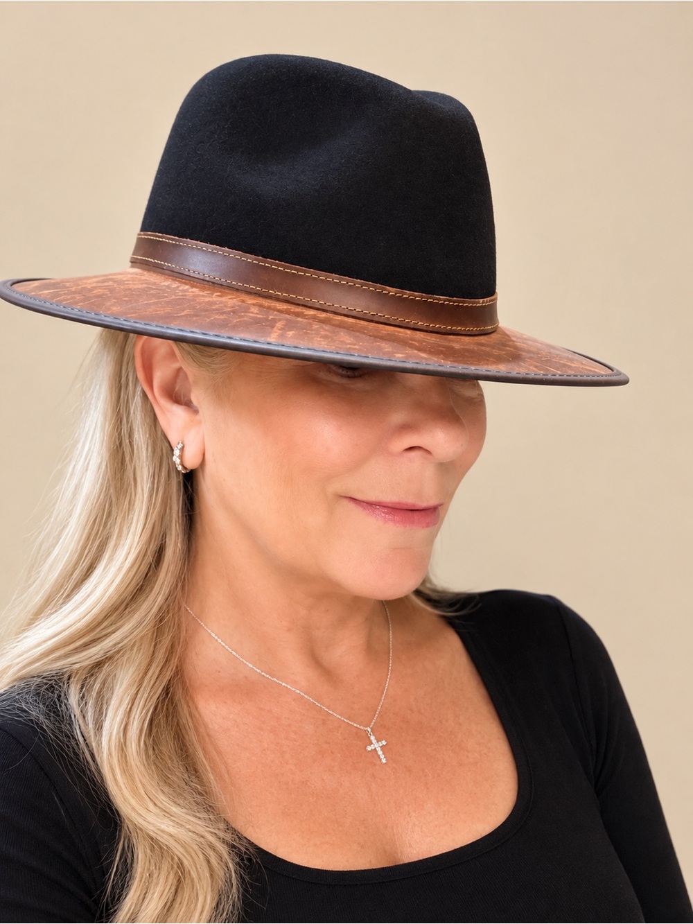 Overland Black and Brown Wool Fedora Hat with Leather Trim